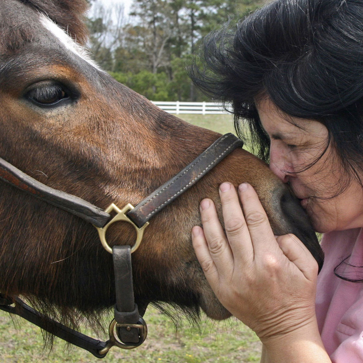 A woman with black hair kisses her chestnut horse's nose