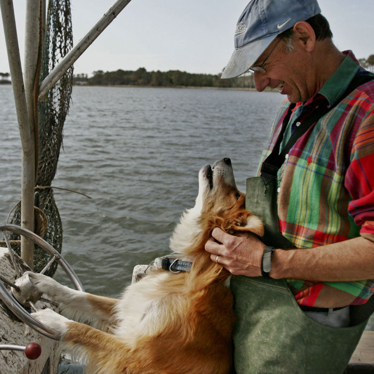 A dog steers a boat while his owner pets him from behind