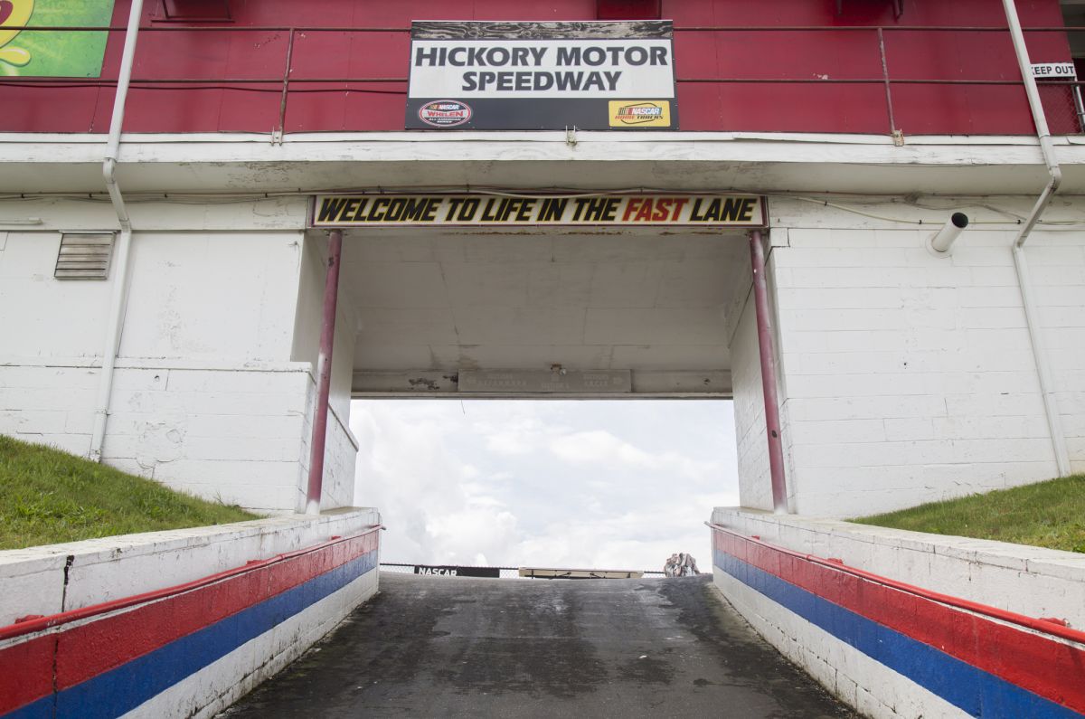Hickory Motor Speedway welcomes guests to “life in the fast lane” as they walk in the main entrance to the track.
