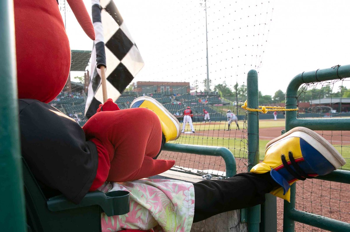 Conrad cheers for the Crawdad's at the baseball game on the L. P. Frans Stadium on May 15th, 2018.