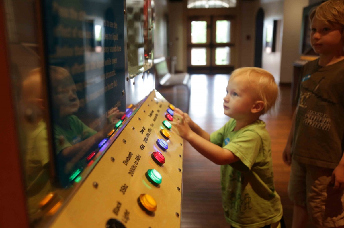 Tenzin’s baby brother looks at an exhibit about electricity with his older brother.