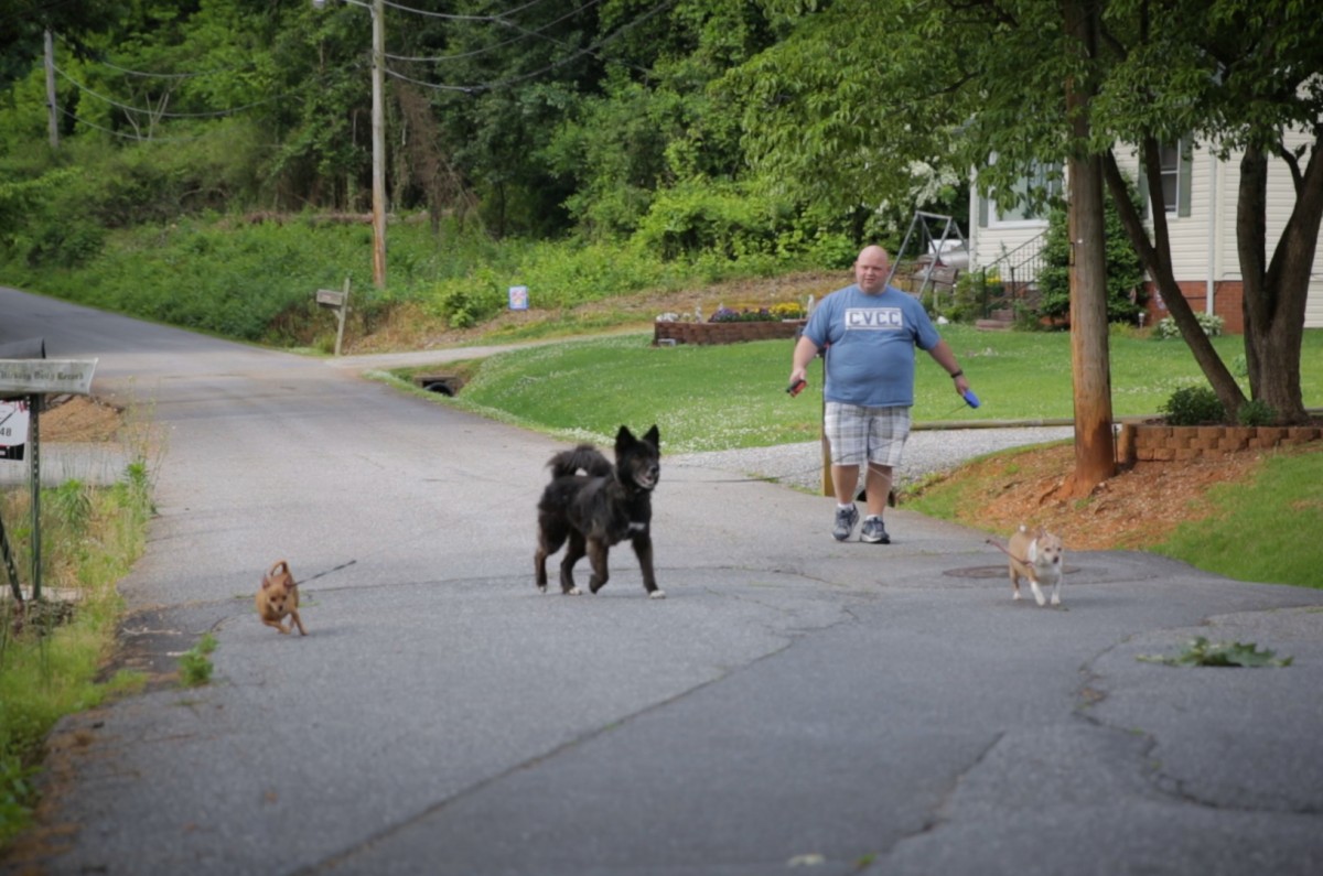 Chad Ledford walks his three dogs down the road in his neighborhood in Newton, NC on Tuesday, May 15.