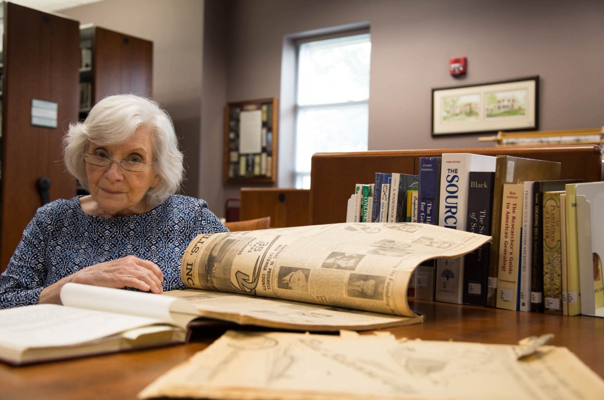 Peggy Mainess in the Carolina Room of the Patrick Beaver Memorial Library.