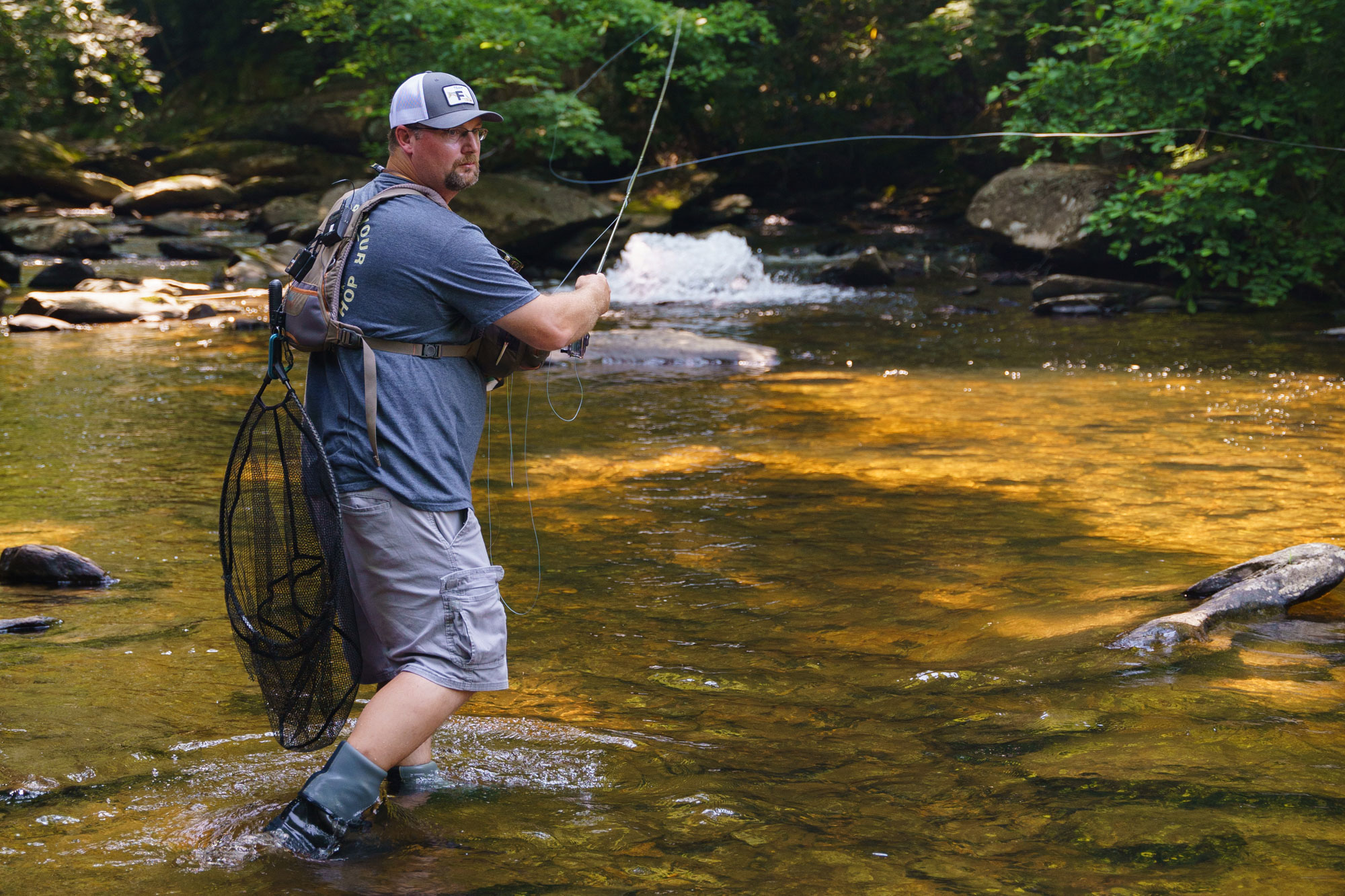 A man with a backpack of fishing gear casts out his line in a river