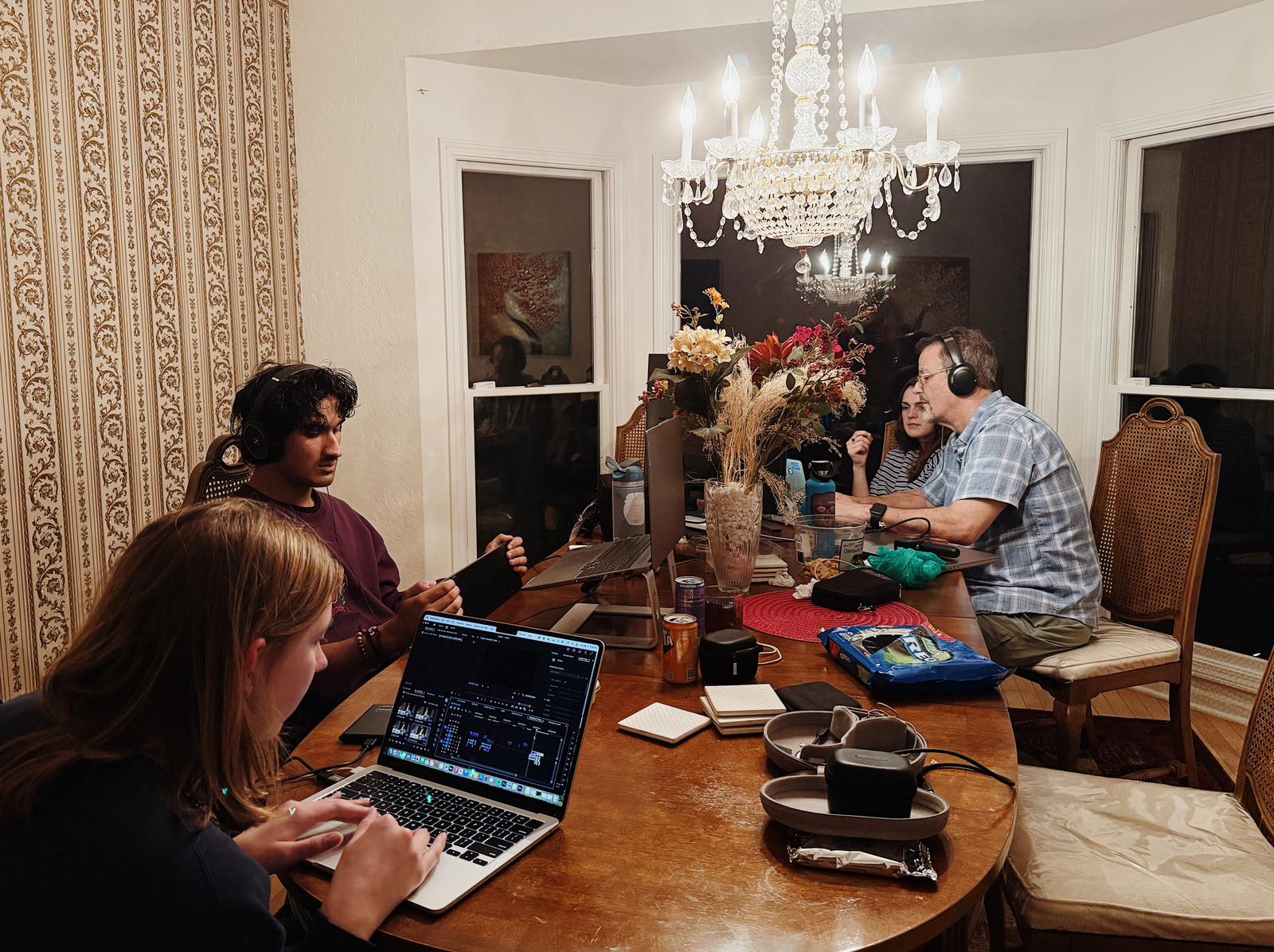 The team editing in the dining room.