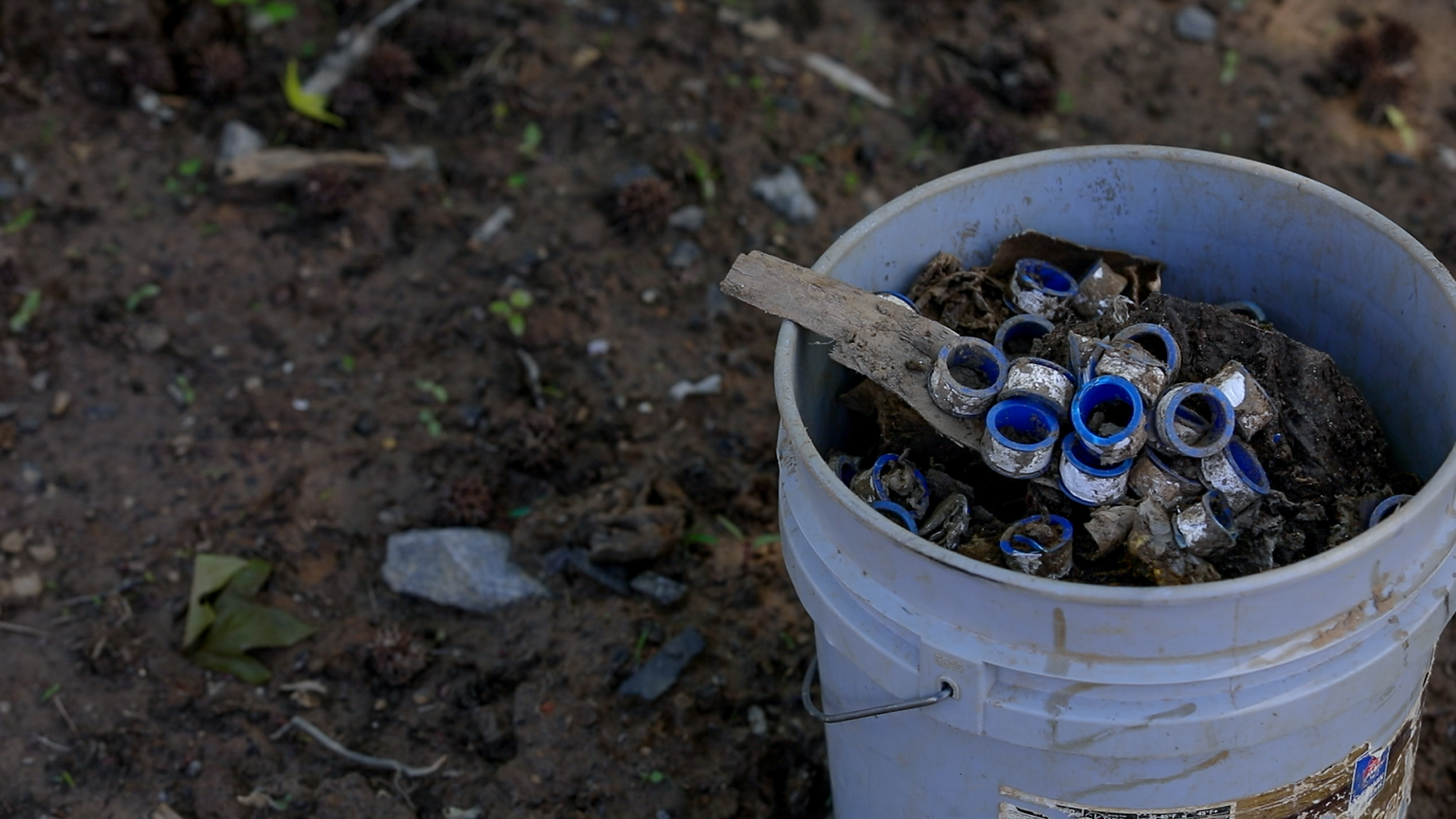 A bucket filled with handpicked trash brought down the French Broad district from a local Lowe’s that was destroyed by the hurricane. The flooding swept away tons of PVC sewage piping, scattering debris throughout the area.