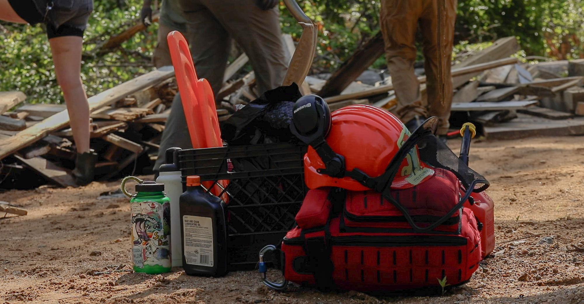 Standard gear used by the River Clean Up to tackle debris. Here, they prep to transport pieces of damaged infrastructure from the river basin a mile back to their dumpster.