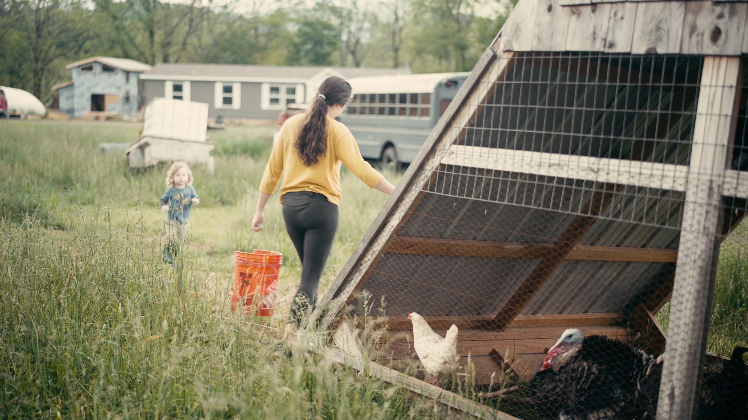 Blair carries a bucket through tall grass near her chicken coop, continuing to tend to the parts of her farm that remain after the flood.