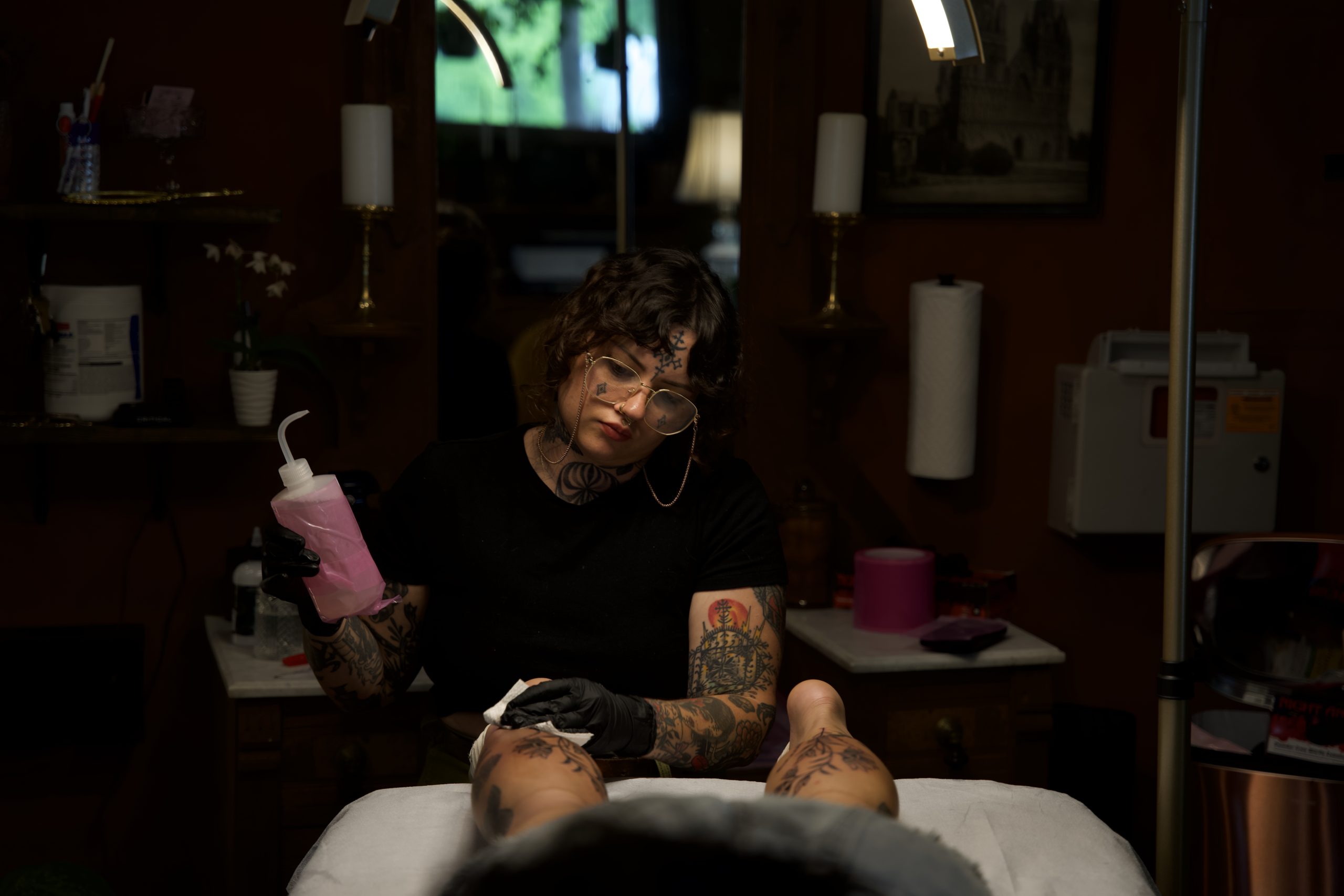 Baylen tattoos in her new studio, Pars Fortuna, in Marshall, North Carolina. “Tattooing in the new space, I feel like I got a second wind in my tattooing career,” she said.